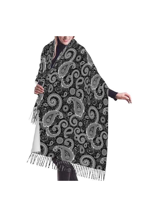 Shawl Wraps for Women - Black White Indian Paisley Oversized Fall Winter Fashion Blanket Scarf for Women