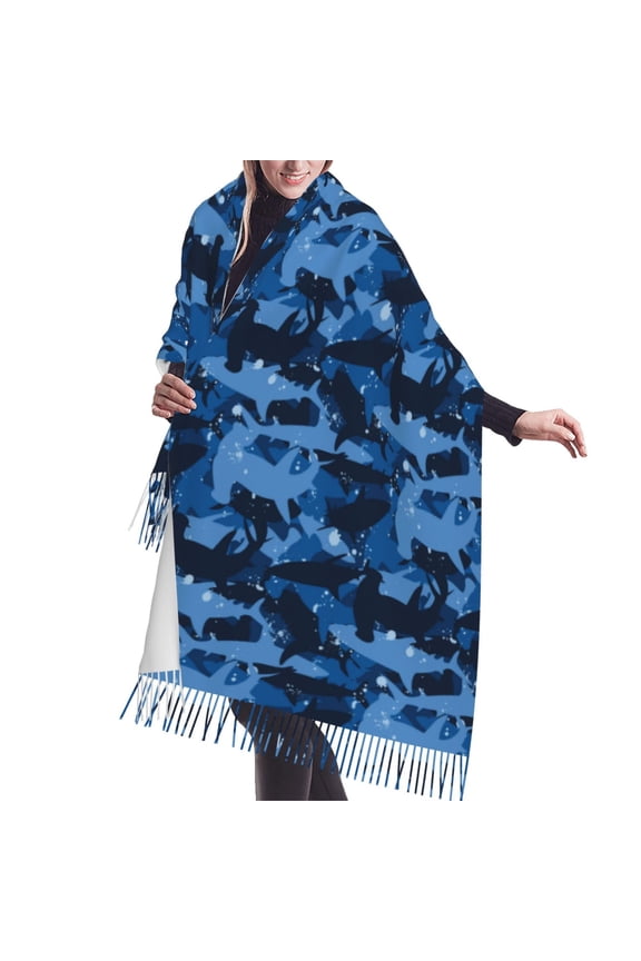 Shawl Wraps for Women - Blue camouflage hammerhead shark Oversized Fall Winter Fashion Blanket Scarf for Women