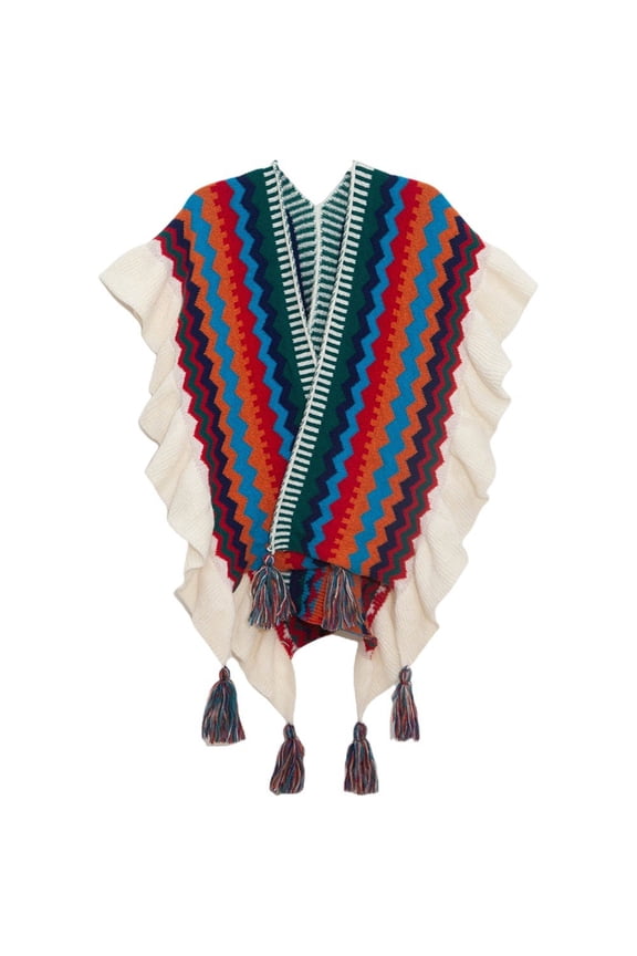 Shawl Wraps for Women, Bohemian Ethnic Style Cape Open Front Poncho Scarf Blanket Cardigan Coat with Tassels for Spring Autumn Winter