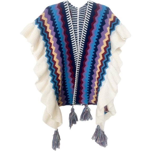 Shawl Wraps for Women, Bohemian Ethnic Style Cape Open Front Poncho Scarf Blanket Cardigan Coat with Tassels for Spring Autumn Winter
