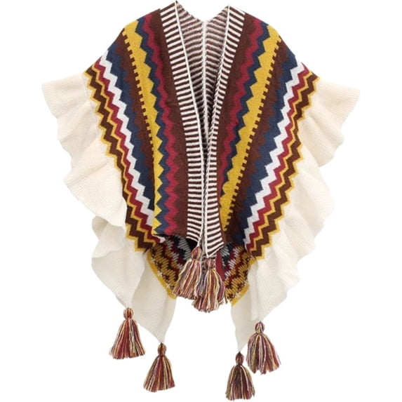 Shawl Wraps for Women, Bohemian Ethnic Style Cape Open Front Poncho Scarf Blanket Cardigan Coat with Tassels for Spring Autumn Winter