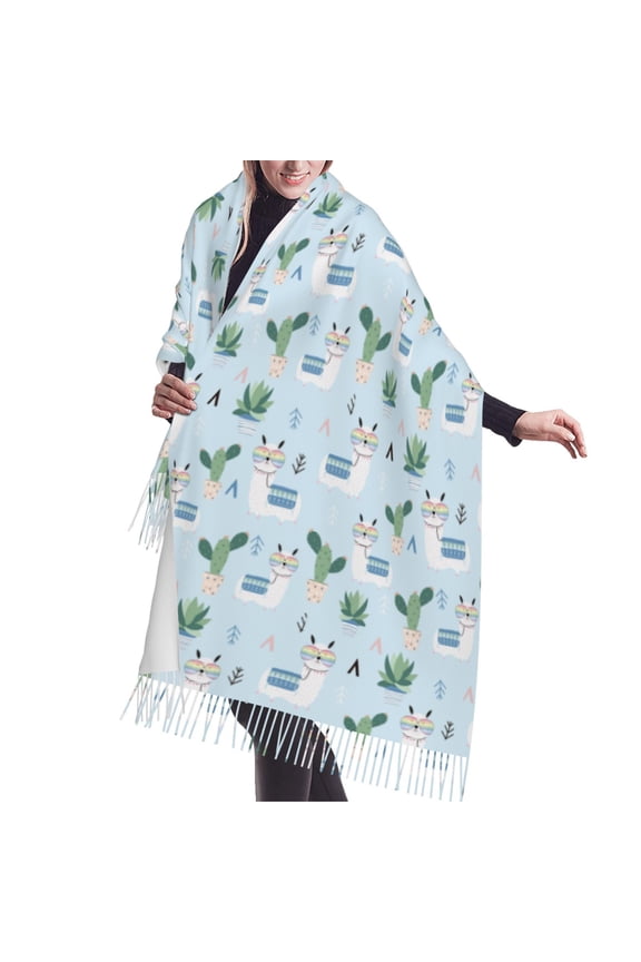 Shawl Wraps for Women - Cartoon Funny Alpaca Cactus Blue Oversized Fall Winter Fashion Blanket Scarf for Women