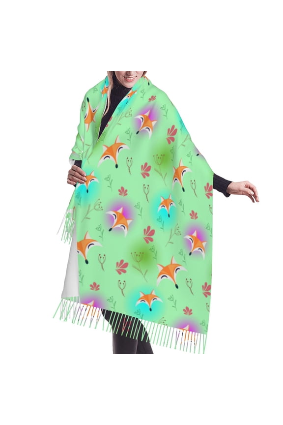 Shawl Wraps for Women - Cute Fox Floral Green Oversized Fall Winter Fashion Blanket Scarf for Women