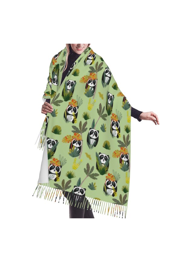 Shawl Wraps for Women - Cute Panda Bear In Greenery Forest Oversized Fall Winter Fashion Blanket Scarf for Women