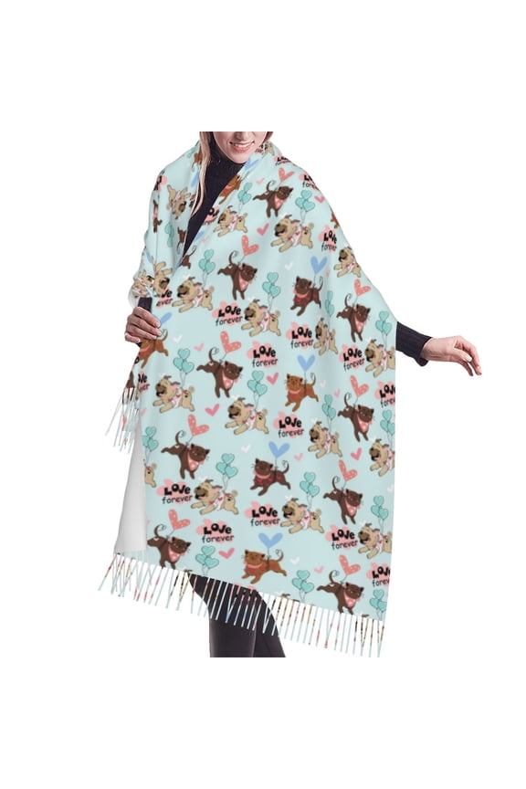 Shawl Wraps for Women - Cute Pug Dogs Oversized Fall Winter Fashion Blanket Scarf for Women