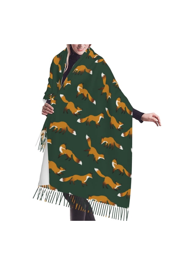 Shawl Wraps for Women - Dark Green Fox Print Oversized Fall Winter Fashion Blanket Scarf for Women
