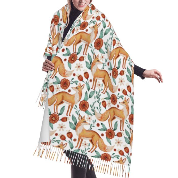 Shawl Wraps for Women - Foxes and Floral Harmony Oversized Fall Winter Fashion Blanket Scarf for Women