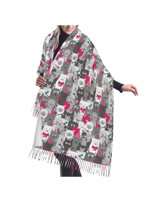 Shawl Wraps for Women - Funny Cartoon Cat Gray Oversized Fall Winter Fashion Blanket Scarf for Women