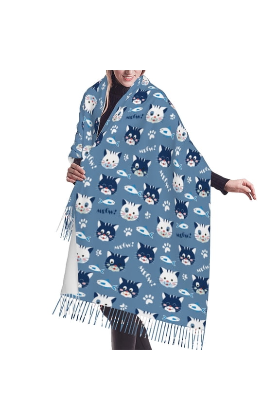 Shawl Wraps for Women - Funny Cute Cat Face Fish Oversized Fall Winter Fashion Blanket Scarf for Women
