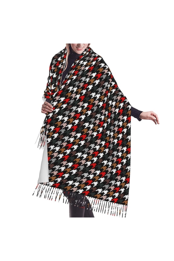 Shawl Wraps for Women - Houndstooth Green Red Oversized Fall Winter Fashion Blanket Scarf for Women