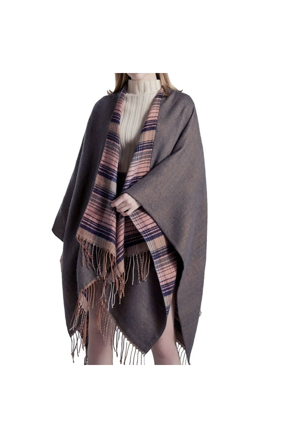 Shawl Wraps for Women LSQii Open Front Knitted Plaid Poncho Sweater Fringed Double Sided Oversized Blanket Cape Fashion Daily Wear Blue