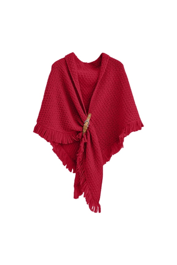 Shawl Wraps for Women LSQii Open Front Knitted Poncho Sweater Oversized Cardigan with Fringe Casual Solid Color Blanket Cape Scarf Daily Wear Red