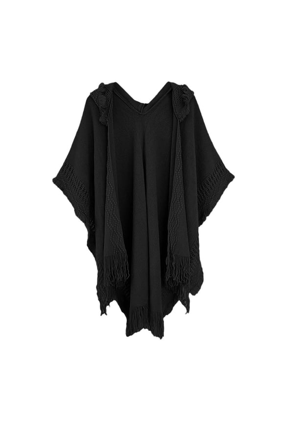 Shawl Wraps for Women,Lightweight Ladies' Hooded Cape With Fringed Crochet Poncho Knitting Patterns Fashion Scarf Black