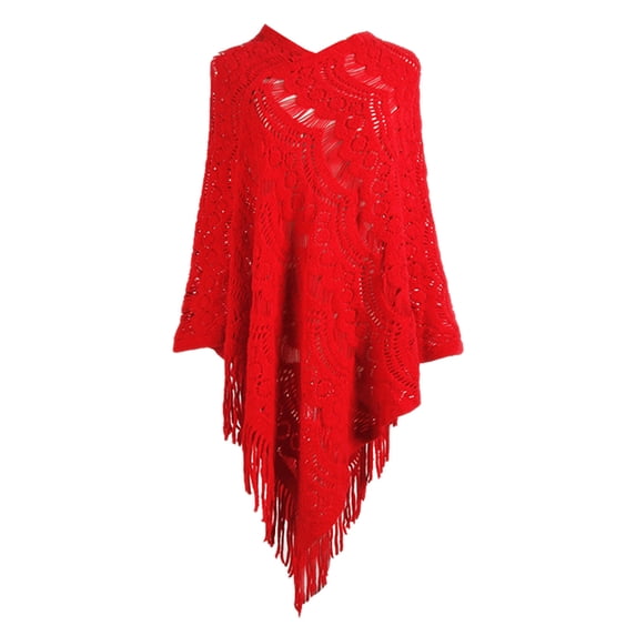 Shawl Wraps for Women,Mid Length Crochet Hollow Irregular Tassel Pullover Sweater Cape Knit Sweater Fashion Womens Shawl Red