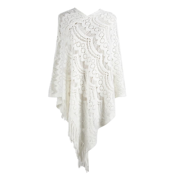 Shawl Wraps for Women,Mid Length Crochet Hollow Irregular Tassel Pullover Sweater Cape Knit Sweater Fashion Womens Shawl White