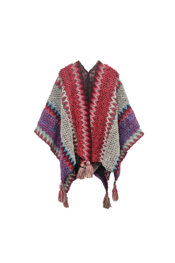 Shawl Wraps for Women,Nationl Print Splice Poncho With Tassels Knitted Scarf Pashminas Tassel Hem Cloak Fashion Womens Shawl Wine Red