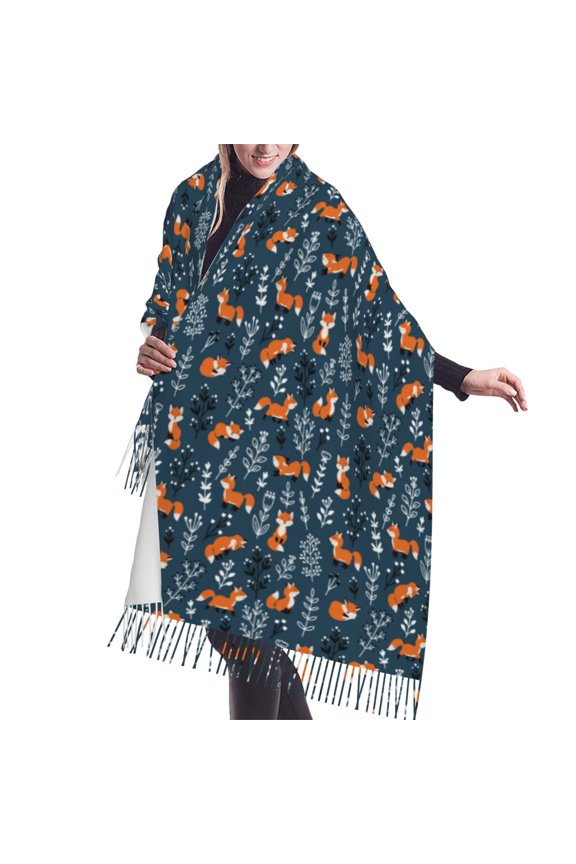 Shawl Wraps for Women - Playful Foxes Forest Blues Oversized Fall Winter Fashion Blanket Scarf for Women