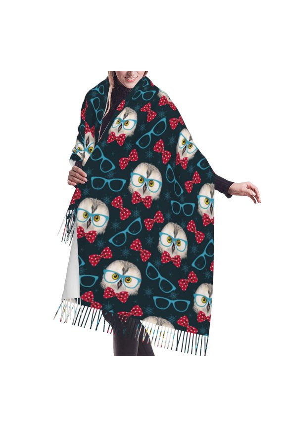 Shawl Wraps for Women - Red Bow Blue Glasses Owl Oversized Fall Winter Fashion Blanket Scarf for Women