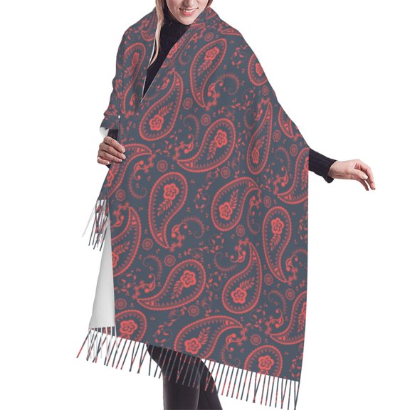 Shawl Wraps for Women - Red Grey Paisley Oversized Fall Winter Fashion Blanket Scarf for Women