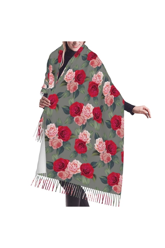 Shawl Wraps for Women - Red Pink Rose Flowers Oversized Fall Winter Fashion Blanket Scarf for Women