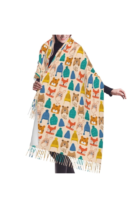 Shawl Wraps for Women - Small Animals with Knit Hat Pattern Oversized Fall Winter Fashion Blanket Scarf for Women