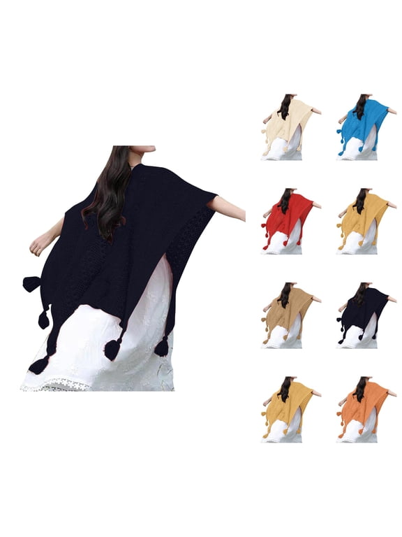 Shawl Wraps for Women Solid Color Soft Hollow out Crochet Knit Open Front Poncho Cape Cardigan Shawls Scarf with Tassels
