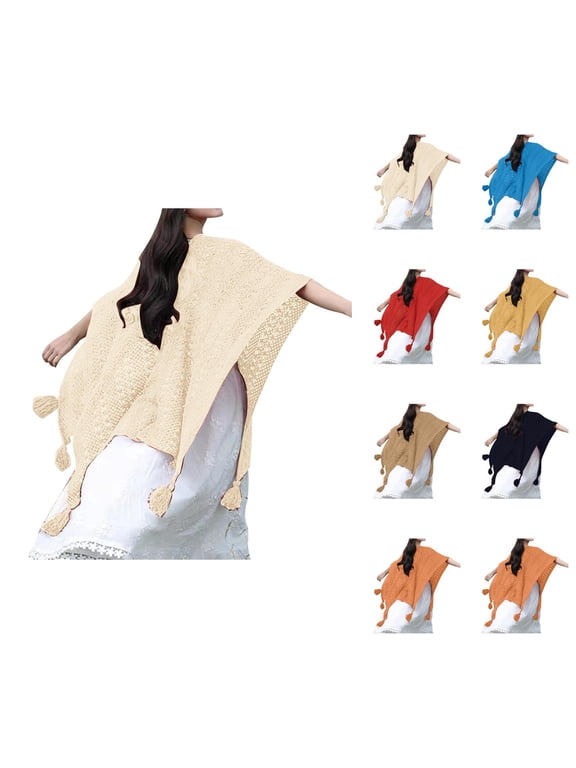 Shawl Wraps for Women Solid Color Soft Hollow out Crochet Knit Open Front Poncho Cape Cardigan Shawls Scarf with Tassels