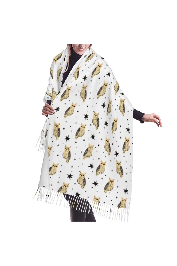 Shawl Wraps for Women - Star Owl Print White Oversized Fall Winter Fashion Blanket Scarf for Women