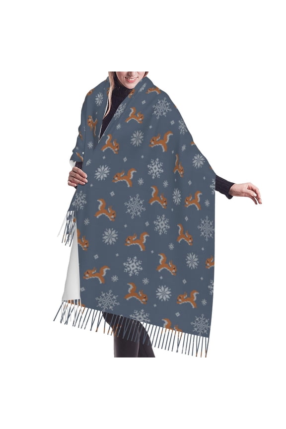 Shawl Wraps for Women - Weaving Cute Squirrel Snowflake Oversized Fall Winter Fashion Blanket Scarf for Women
