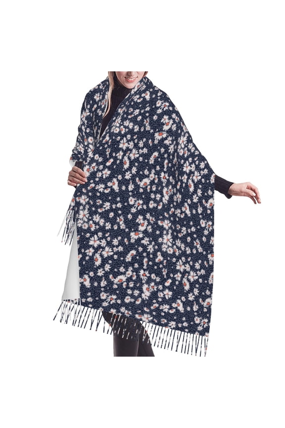 Shawl Wraps for Women - daisies floral dotted navyblue Oversized Fall Winter Fashion Blanket Scarf for Women