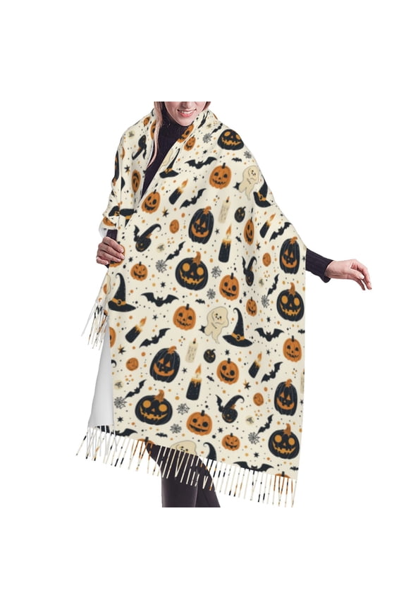 Shawl Wraps for Women - halloween pumpkins bats witch hat Oversized Fall Winter Fashion Blanket Scarf for Women