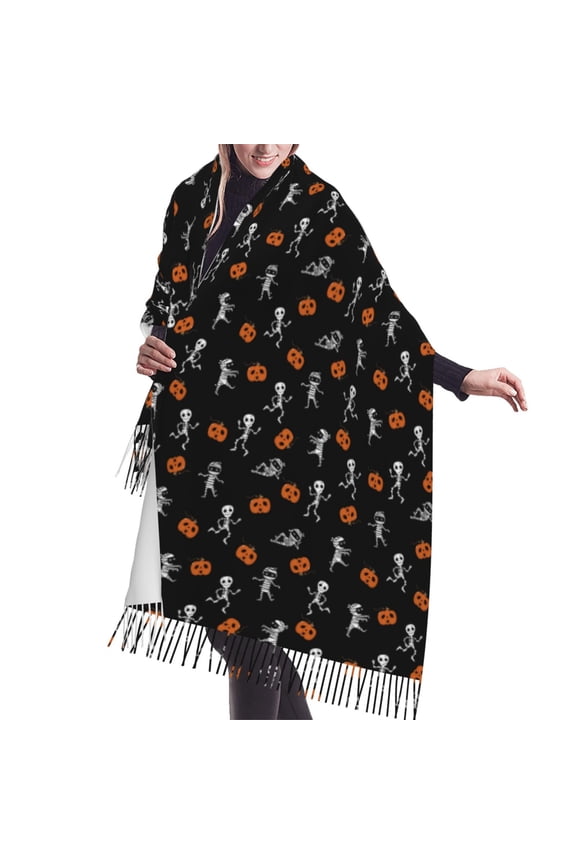 Shawl Wraps for Women - pumpkins skull halloween print Oversized Fall Winter Fashion Blanket Scarf for Women