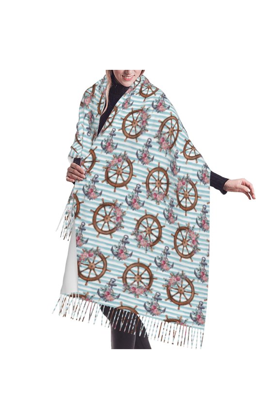 Shawl Wraps for Women - vintage anchor steering wheel flower Oversized Fall Winter Fashion Blanket Scarf for Women