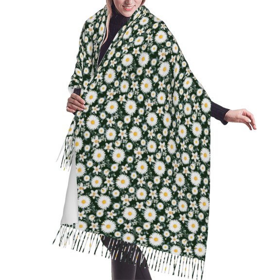 Shawl Wraps for Women - White Daisies and Bee Oversized Fall Winter Fashion Blanket Scarf for Women