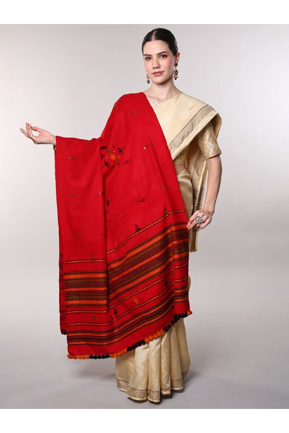 Shawl from Kutch with Embroidered Bootis and Mirrors – Goji Berry