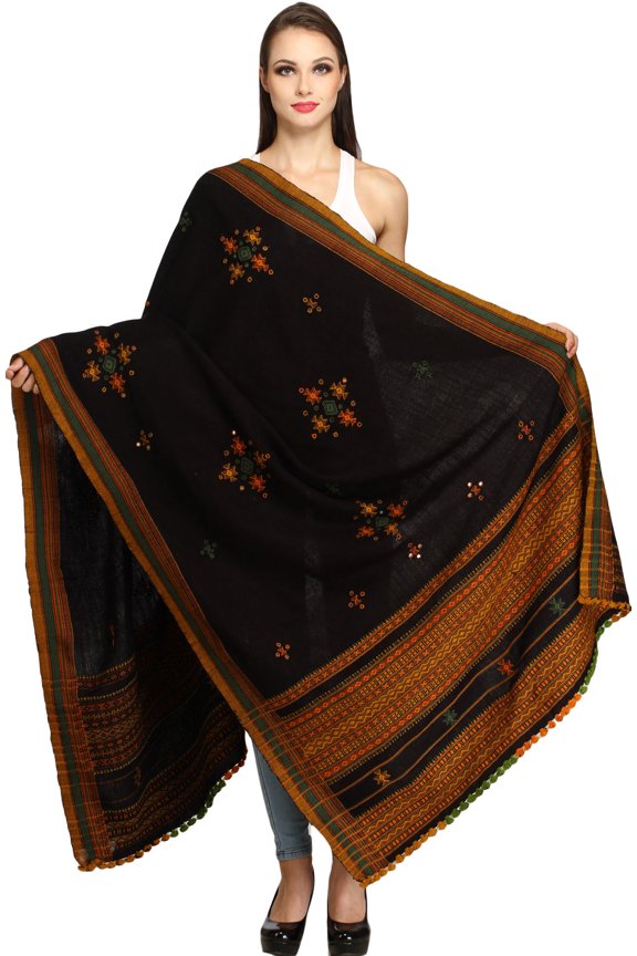 Shawl from Kutch with Embroidered Bootis and Mirrors – phantom black