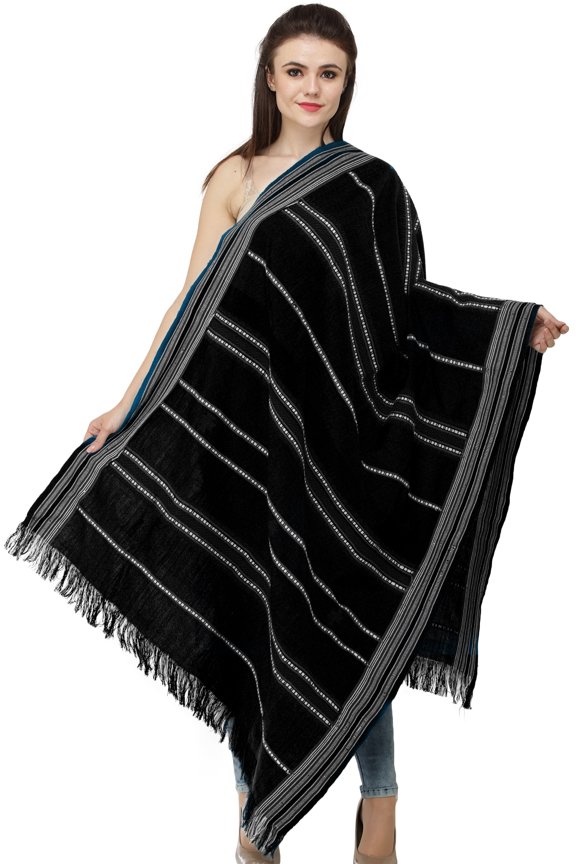Shawl from Nagaland with Woven Border and Thread Weave – jet black