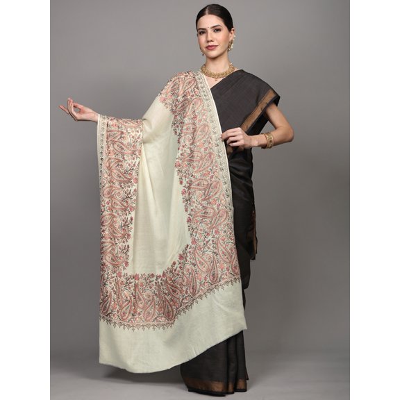 Shawl with Chain Stitch Aari Embroidered Paisleys Broad Border from Amritsar – Ivory