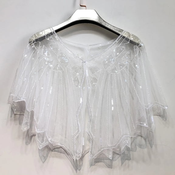 Shawl with Loop, Duoif Women Cape Crochet Lace All Mesh Summer Beaded Sequin Flapper Dress Shawl for Knitted Shawl Wraps for Women White