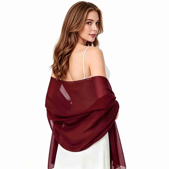 Shawls and Wraps for Evening Dresses, Women Elegant Soft Silky Wraps Sheer Chiffon Wedding Bridal Scarf, Wine Red