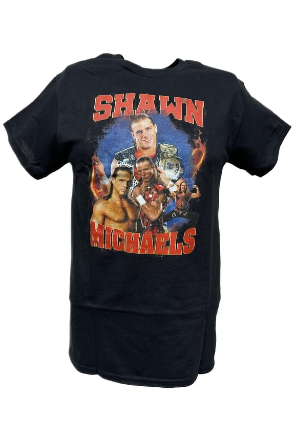 Shawn Michaels Red Name Four Pose Mens Black T-shirt