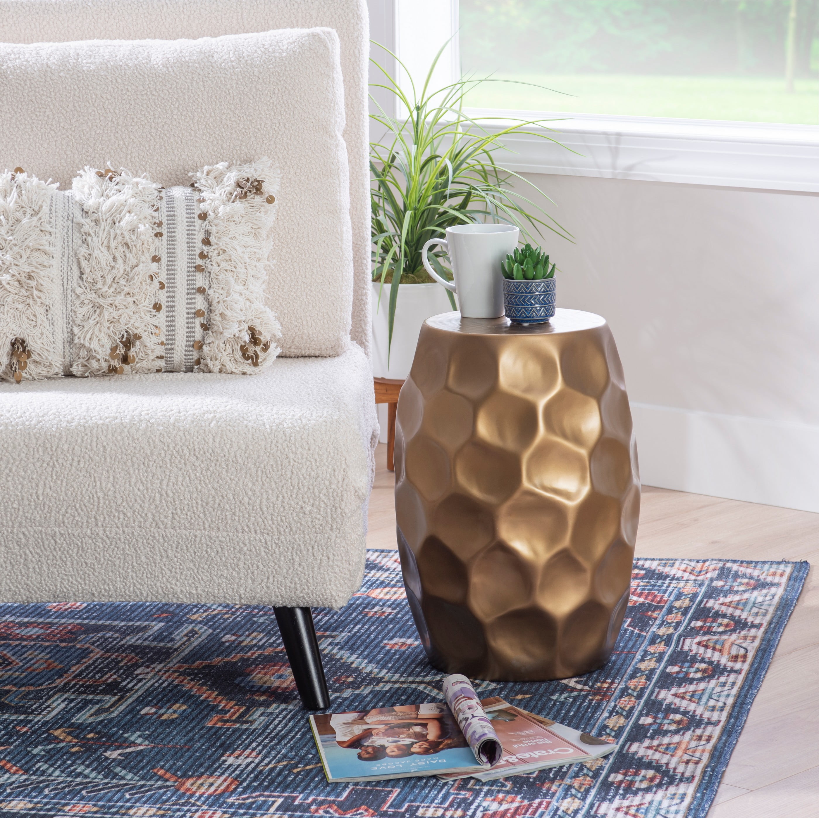 Shawna Round Hammered Metal Accent Side Table, Antique Gold