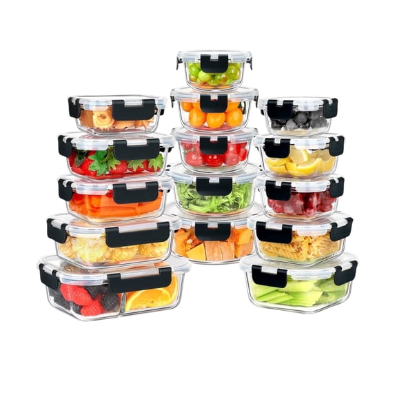Shaws Cookware 30 Piece Glass Food Storage Containers with Lids, Easy Lock Airtight Lid, For Meal Prep, Leftovers, Fruit, Fridge, Freezer , & Oven Safe, Assorted Sizes, 15 Containers & 15 Lids, Black