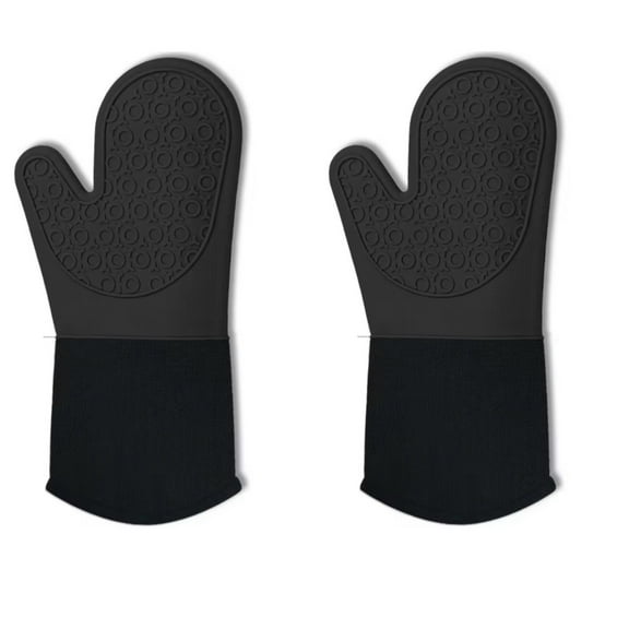 Shaws Cookware Heat and Slip Resistant Silicone Oven Mitts, Waterproof, Non-Slip, Long, Cotton-Lined Mitt Set of 2, 14.9 IN, Black