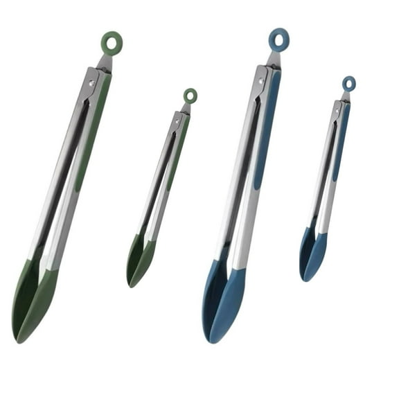 Shaws Cookware Kitchen Green Tongs and Blue Tongs 10" & 12" Set of 4 Stainless Steel Heat- Resistant Non - Stick Silicone Tips,  Non - Slip Grip for Cooking, Grilling,  BBQ, Pot Lucks, Salad