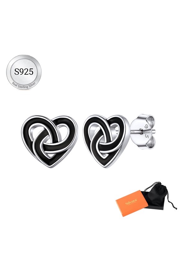 Heart Celtic Knot Stud Earrings for Women 925 Sterling Silver Black Irish Earrings Jewelry Gift for Wife Anniversary