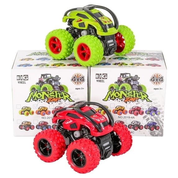 Shayson 2 Pack Monster Truck Toys, Friction Powered Toy Cars Push and Go Vehicles for Kids Toddler, Stunt Off-road Cars Set, Car Toy for Boys 3-5+, Red+Green, Gift