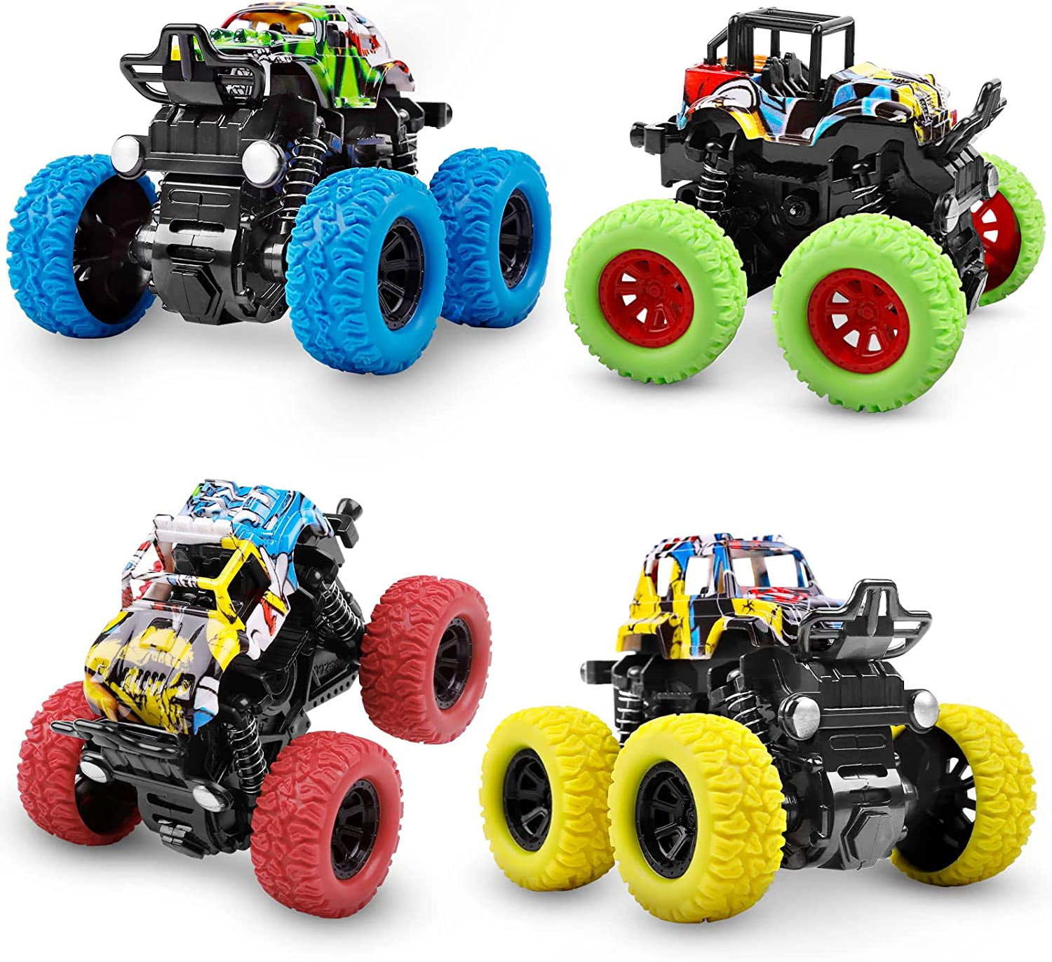 Shayson Monster Trucks for Boys, 4 Pack Push and Go Friction Powered Cars  360° Rotating Vehicles Toy 