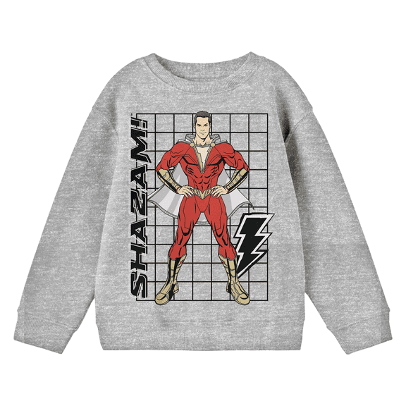 Shazam! Character And Grid Crew Neck Long Sleeve Athletic Heather Youth Boy's Sweatshirt-Small