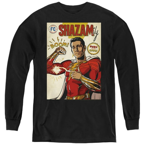 Shazam! Fury Of The Gods Shazam Comic Cover Kids Long Sleeve T Shirt (Small) for Youth Boys and Girls, Black
